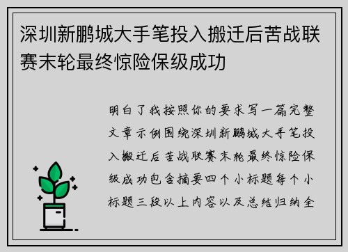 深圳新鹏城大手笔投入搬迁后苦战联赛末轮最终惊险保级成功